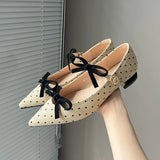 KYLETHOMASW  -  Cute Bow Double Buckle Low Heel Pumps Women Fashion Polka Dot Pointed Toe Designer Shoes Comfort Soft Sole Commuter Office Shoes