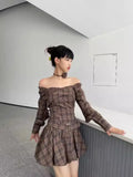 KYLETHOMASW  -  Sexy Coffee Plaid Mini Dress for Women Off Shoulder Long Sleeve Belt Flower Bud Dress Autumn Fashion Elegant Lady Skirts