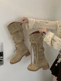 KYLETHOMASW  -  Brown Suede Boots Woman Round Toe Fall Winter Gothic Shoes Fashion Chunky Heels Knee High Boots Western Style Ladies Shoes