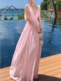 KYLETHOMASW  -  Women Pink Temperament Backless Pleated Vest Dress Summer New Elegant Ladies V-neck Sleeveless High Waist Vestidos Robe