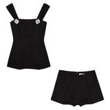 Kylethomasw Summer New Streetwear Hollow Backless Bow Splicing Sexy Tweed Camisole Women + Solid Color Casual Shorts Two-piece Suit