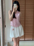 Kylethomasw Vintage Women Sleeveless Halter Polo Shirts Summer Y2k Pink Button Up Blouse Female Casual Slim Office Lady Clothes Chic
