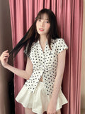 KYLETHOMASW  -  Polka dot short sleeved breasted shirt design with a cinched waist and tie, light and mature satin short commuter top