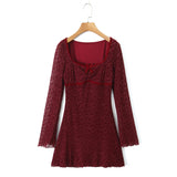 KYLETHOMASW  -  Sexy Wine red Flocking Flower Mesh Flare Sleeve Dress Woman Bow Square neck Package Hips A-line Mini Party Robe Bodycon