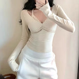 Kylethomasw Korean V-neck Sexy Slim Long-sleeved T-shirt Women 2025 Spring New Fake Two-piece Lace Splicing Solid Color All Match Tops