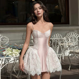 KYLETHOMASW  -  Lace Patchwork Sling Dress Woman Low-Neck Sleeveless Backless Fluffy Hem Sweet Girls Birthday Party Elegant Mini Bodycon