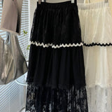 KYLETHOMASW  -  Spring Summer Lace Skirts Women Contrast Color Ruffles Sweet Jupe Femme Korean Fashion Retro Chic Long Skirt