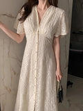 KYLETHOMASW  -  Ladies Dress Summer New Elegant Embroidered Hook Flower Lace Short Sleeve Waist Long Elegant Dresses