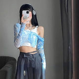 Kylethomasw American Tie Dye Print Off Shoulder T-shirts Y2k Sexy Crop Top Slim Fit Tops Women 2024 Summer Thin Mesh Long Sleeve Tee Shirt