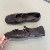 KYLETHOMASW  -  Pleated Mary Janes Flats Shoes Women Square Toe Pu Leather Comfortable Elegant Red Shoes Ladies Shallow Black Ballet Flats New