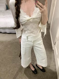KYLETHOMASW  -  Daily Pockets Flare Calf Length Casual Pants Women Summer Vintage Luxury Low Waist Office Work Cropped Trousers Street Wear 954A