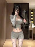 KYLETHOMASW  -  Japanese Kawaii 3 Piece Shorts Set Korean Sprot Suits Sexy 2024 Summer Sexy Long Sleeve Y2k Crop Tops Casual Party Short Pants