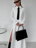 Kylethomasw Side Slit Long Dress For Women White Elegant Turn Collar Tie Midi Dresses Femme  New Street Loose Slender Dress Woman