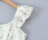 KYLETHOMASW  -  Sexy Floral Print Spliced Lace V neck Ruffles Strap Tank Dress Women Wood ears Low Waist Short Dresses Swing A-lined Robe