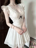 KYLETHOMASW  -  French First Love Dress Women Summer White Lace Short Dress Puff Sleeve Hollow-Out Floral Embroidery A-Line Flared Skirt Y2K