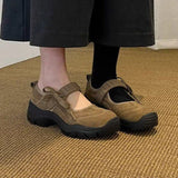 KYLETHOMASW  -  Matte Leather Mary Jane Sports Casual Shoes Women Thick Bottom Strap Brown Simple Laced Low Cut Single Shoes Leisure Footwear