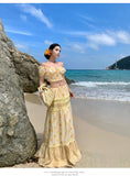 KYLETHOMASW  -  French Vacation Boho Beach 2 Piece Sets Womens Print Floral Outfits Summer Corp Top and High Waist Long Skirt Two Piece Set
