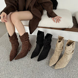 KYLETHOMASW  -  High Quality Faux Suede Kitten Heel Ankle Boots Women Fashion Pointed Toe Sewing Pleated Designer Boots Comfortable Modern Boots