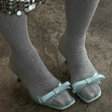 KYLETHOMASW  -  Buttefly Knot Shallow Slippers Sexy Square Toe Thin Heel Slip On Solid New Arrivals Fashion Women Modern Shoes