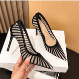 KYLETHOMASW  -  Fashion Mesh Women's Pumps New Pointed Toe Stiletto Slip-on Stripe Totem Female Sandals Classics Shallow Summer Ladies Shoes