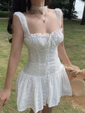 KYLETHOMASW  -  Spicy Girls White Summer Square Neck Tie Front Corset Waist Eyelet Ruffle Hem Mini Dress Women Girls Vacation Party Daily Wear