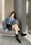 KYLETHOMASW  -  Black Pointed Toe Boots Woman Chunky Shoes Fall High Heels Brown Ankle Boots Back Zipper Ladies Shoes