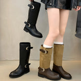 KYLETHOMASW  -  Winter Belt Buckle Women Knight High Boots Thick Heel Shoes Female Vintage Slip On Slim Long Booties Zapatos De Muje