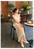 KYLETHOMASW  -  French Fashionable Elegant Satin Evening Gown Women's Backless V-neck Halter Camisole Long Dress Sexy Chic Banquet Gown