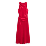 KYLETHOMASW  -  Summer New Women Sleeveless Dress Fashion Temperament Sexy Silk Satin Texture Solid Color Midi Long Dress Women Elegant