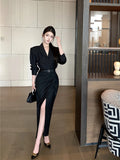 KYLTHOMASW  -   Autumn Retro Sexy Long Sleeve Suit Jacket Shirt+High Waist Slim Slit Hip Wrap Long Skirt Set Black Two Piece Sets Women Outfits