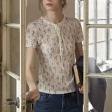 KYLETHOMASW  -  French Retro Women Summer Textured Floral Knit T-shirt Lace Collar Half Button Short Sleeve Casual Blouse