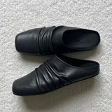 KYLETHOMASW  -  Summer Fashion Pleated Leather Flat Mules Shoes Woman High Quality Designer Squared Toe Slippers Comfort Outdoor Casual Flats