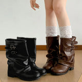 KYLETHOMASW  -  Cowgirl Boots 2025 Autumn Vintage Western Thick Heels Women Boots Fashion Belt Buckle Slip On Mordern Short Boots Mujer