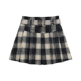 Kylethomasw Vintage Plaid Mini Pleated Skirt for Women Woolen A-line Checkerd Short Dress with Sashes Korean Fashion Autumn Winter