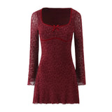 KYLETHOMASW  -  Sexy Wine red Flocking Flower Mesh Flare Sleeve Dress Woman Bow Square neck Package Hips A-line Mini Party Robe Bodycon