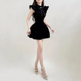 KYLETHOMASW  - Elegant Flying Sleeve A-line Velvet Dress Black Sweet Japanese Style Sleeveless Princess Mini Dresses for Party Holiday