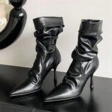 KYLETHOMASW  -  Fashion Pleated Sewing Design Ankle Boots Women Elegant Pointed Toe Thin Heel Modern Boots Comfort Soft Leather Zapatos De Mujer