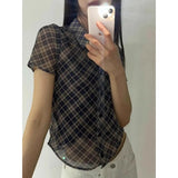 KYLTHOMASW  -  Korean Contrast Color Plaid Casual Short-sleeved Shirt Women 2024 Summer New Polo Collar Multi-button See-through Sexy Crop Tops