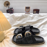KYLETHOMASW  -  Black Soft Leather PU Flat Sandals Women Fashion Metal Buckle Slide Slippers Summer Light Non-Slip Beach Shoe Sandalias De Mujer