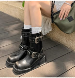 KYLETHOMASW  -  Autumn Winter Metal Belt Buckle Women Motorcycle Boots Fashion Rivet Patent Leather Platform Wedge High heels Chunky Boots Shoes