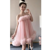 KYLETHOMASW  -  Women Spaghetti Strap Tulle Mini Dress Ruffle Fluffy Princess Ball Gown Sweet Party Evening Dress S XXL
