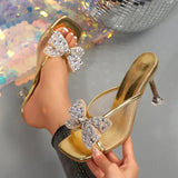 KYLETHOMASW  -  Luxury Gold Glitter Bowknot Decoration Slippers Women Mesh Strap Sandals Women Summer Sexy High Heels Party Dress Shoes