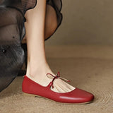 KYLETHOMASW  -  Women's Bow Square Toe Mary Jane Flat Shoes Genuine Soft Leather Low Heel Soft Sole Silver Spring Summer New Style