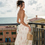 KYLETHOMASW  -  Flower Print 2 Piece Set Woman Halter Low-Neck Bow Decoration Tank Tops+Ruffles Long Skirts Beach Style Elegant Outfits