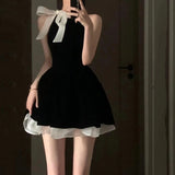 KYLETHOMASW  -  Sexy Dress Woman Bow Bandage Sleeveless Slim Patchwork Black Mini Dresses Puffy Elegant Vintage Ladies Summer Fashion Chic