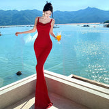 KYLETHOMASW  -  Summer New Hot Selling Bright Suspender Slim Fit Red Vacation Style Design Sense Trailing Long Skirt for Women