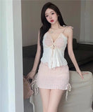KYLETHOMASW  -  Sweet Girl Sexy Set Women's Summer Camisole Vest Pleated Hip Wrap Short Skirt Two-piece Set Fashion Female Clothes