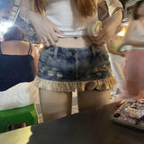KYLETHOMASW  -  Fashion Street Lace Patchwork Denim Skirt for Women Vintage Hole Washed Low-waist Skirts 2025 Summer New Blue Faldas De Mujer
