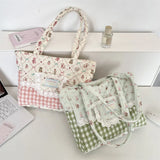 KYLETHOMASW  -  Kawaii Floral Bear Quilted Tote Bag Plaid Splicing Lace Decor Shoulder Bag Cartoon Large Capacity Women Casual School Handbag