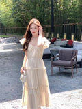 KYLETHOMASW  -  Summer Solid Fairy Dress for Women Y2K Slim V Neck A-Line Long Cake Dress Birthday Evening Party Holiday Chic Vestidos Fashion
